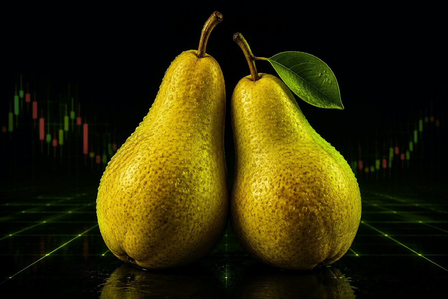 Two golden-green pears leaning together on a neon trading grid